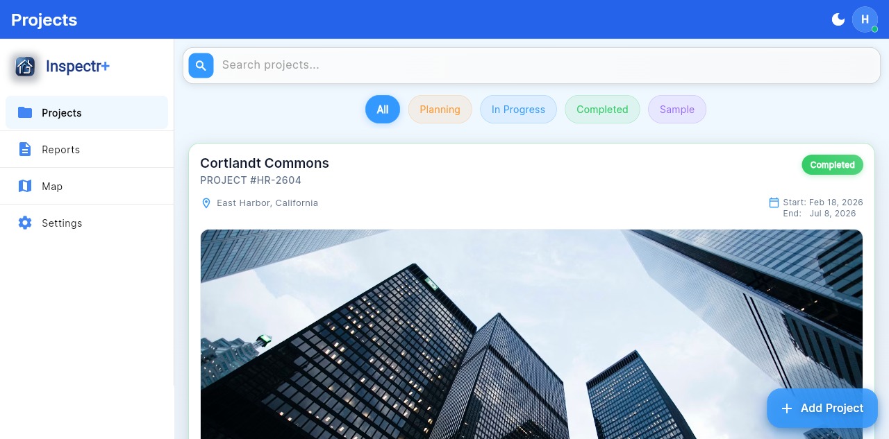 Inspectr+ authenticated project workspace in a desktop browser