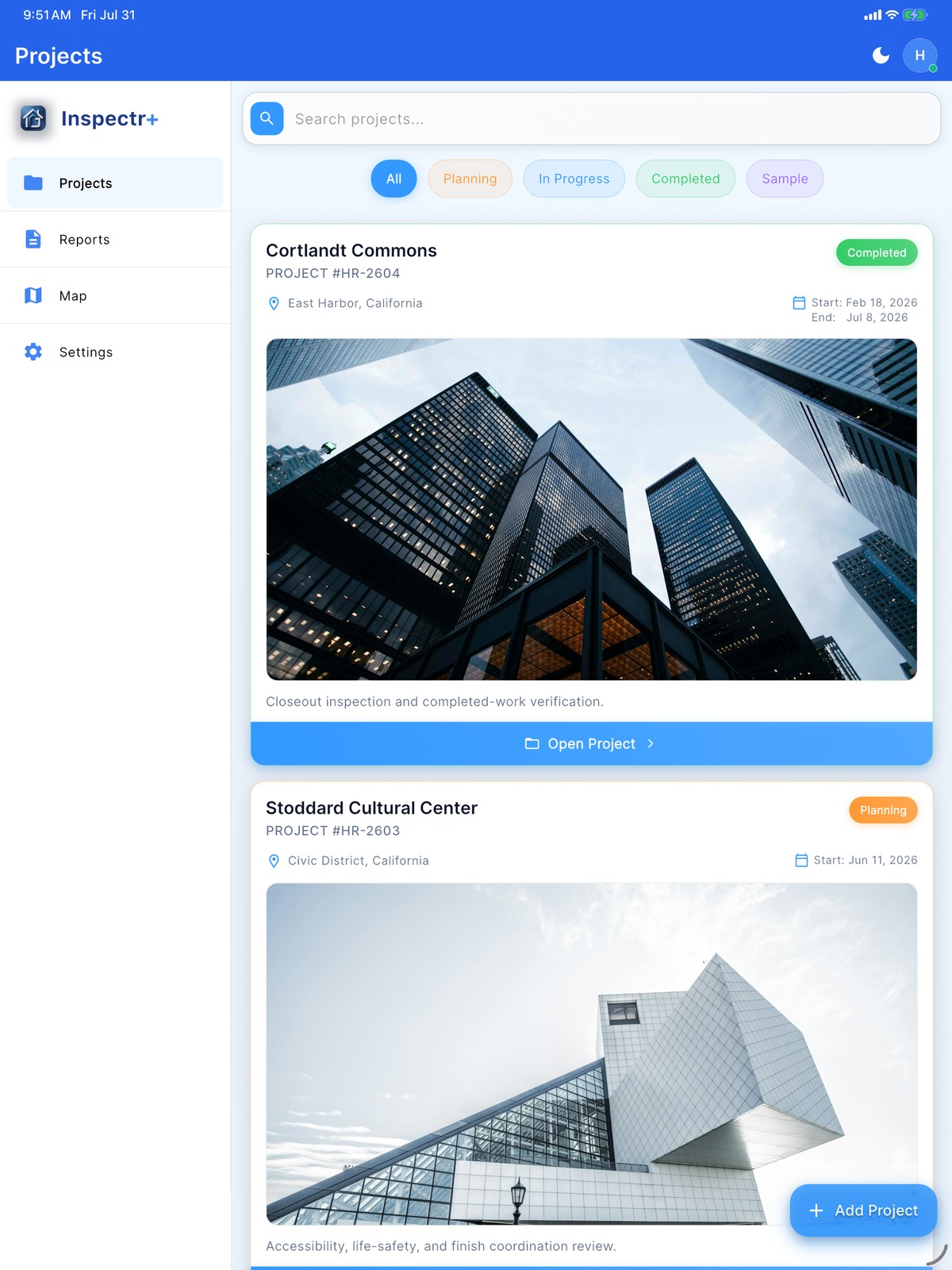 Inspectr+ project portfolio with sidebar navigation on iPad
